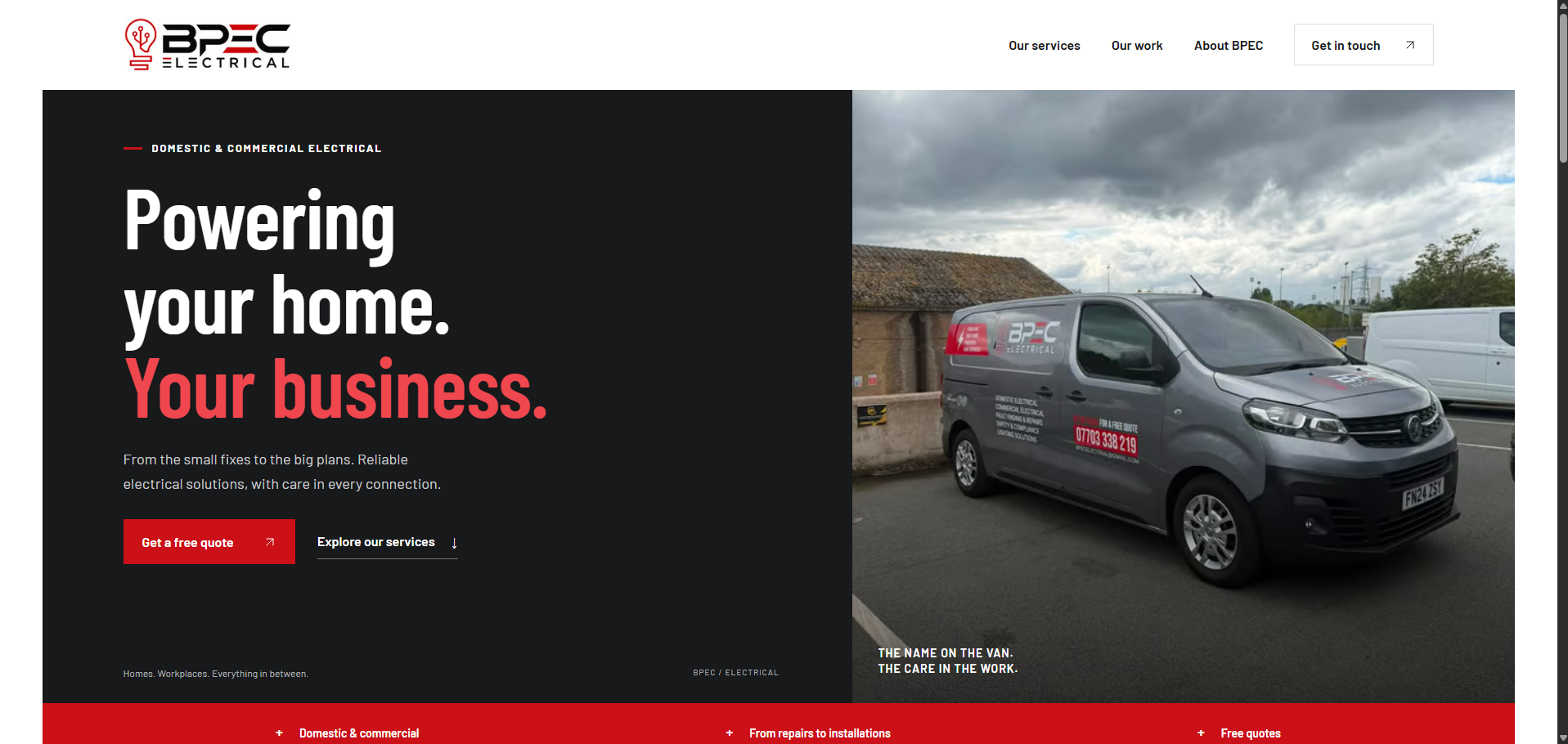BPEC Electrical homepage showing the hero section and branded van